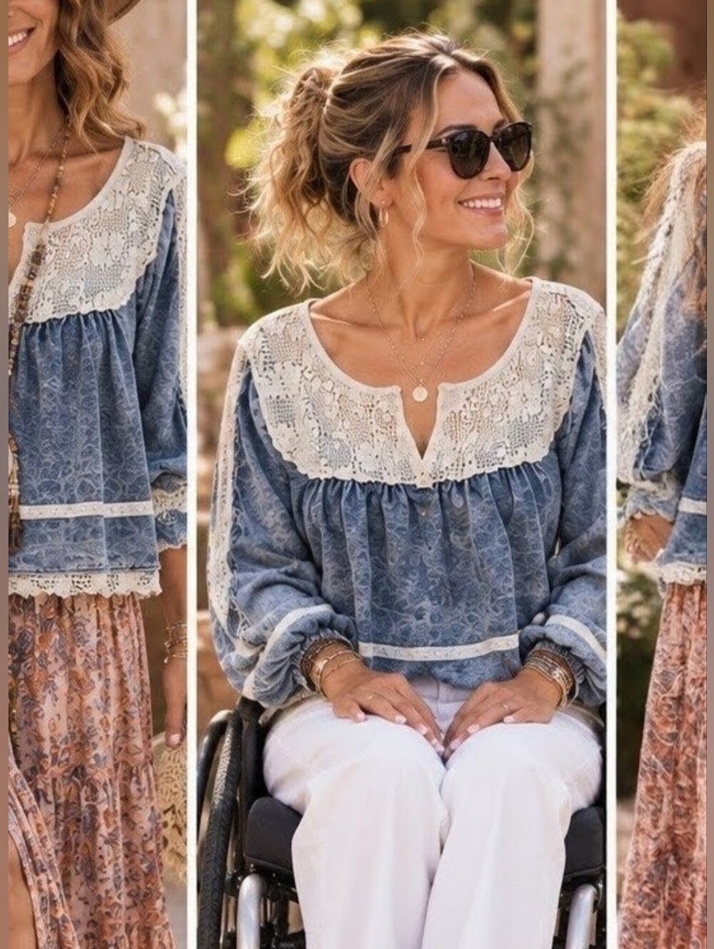 POL Blue Floral Lace-Trim Peasant Tunic